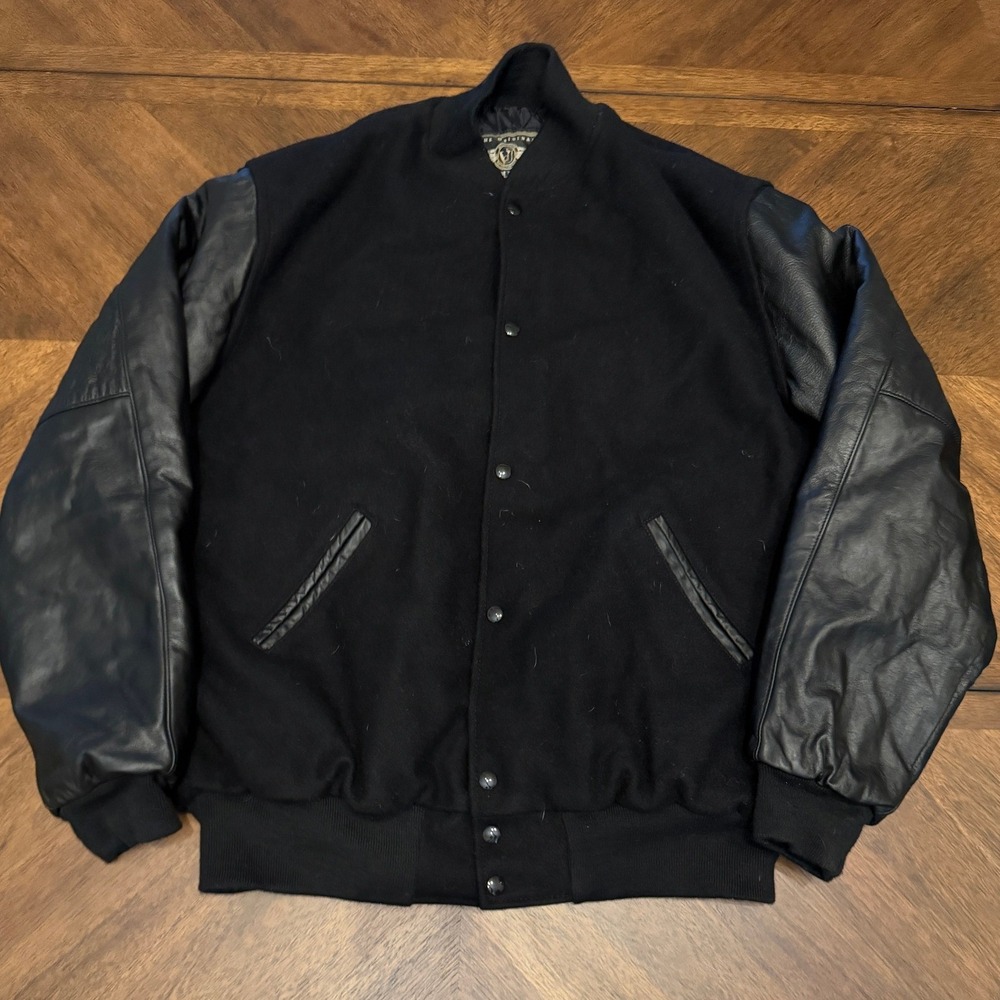 Holloway Varsity Jacket Mens XL Long Black Melton Wool Leather Sleeves USA 4683